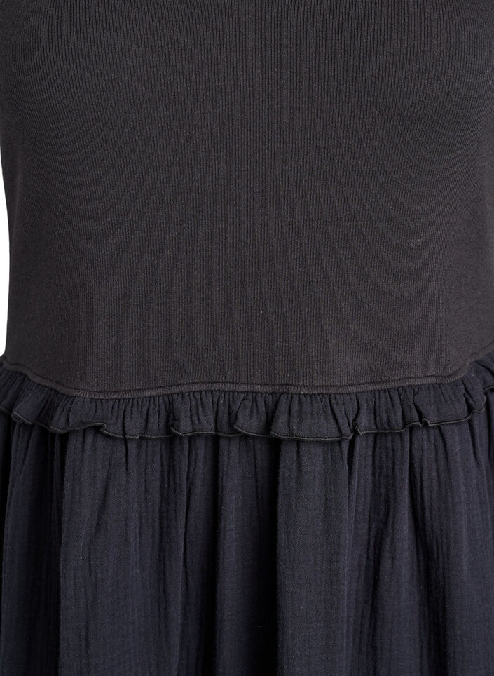 Robe midi sans manches en coton avec maille c&ocirc;tel&eacute;e et mousseline, Noir, Packshot image number 2