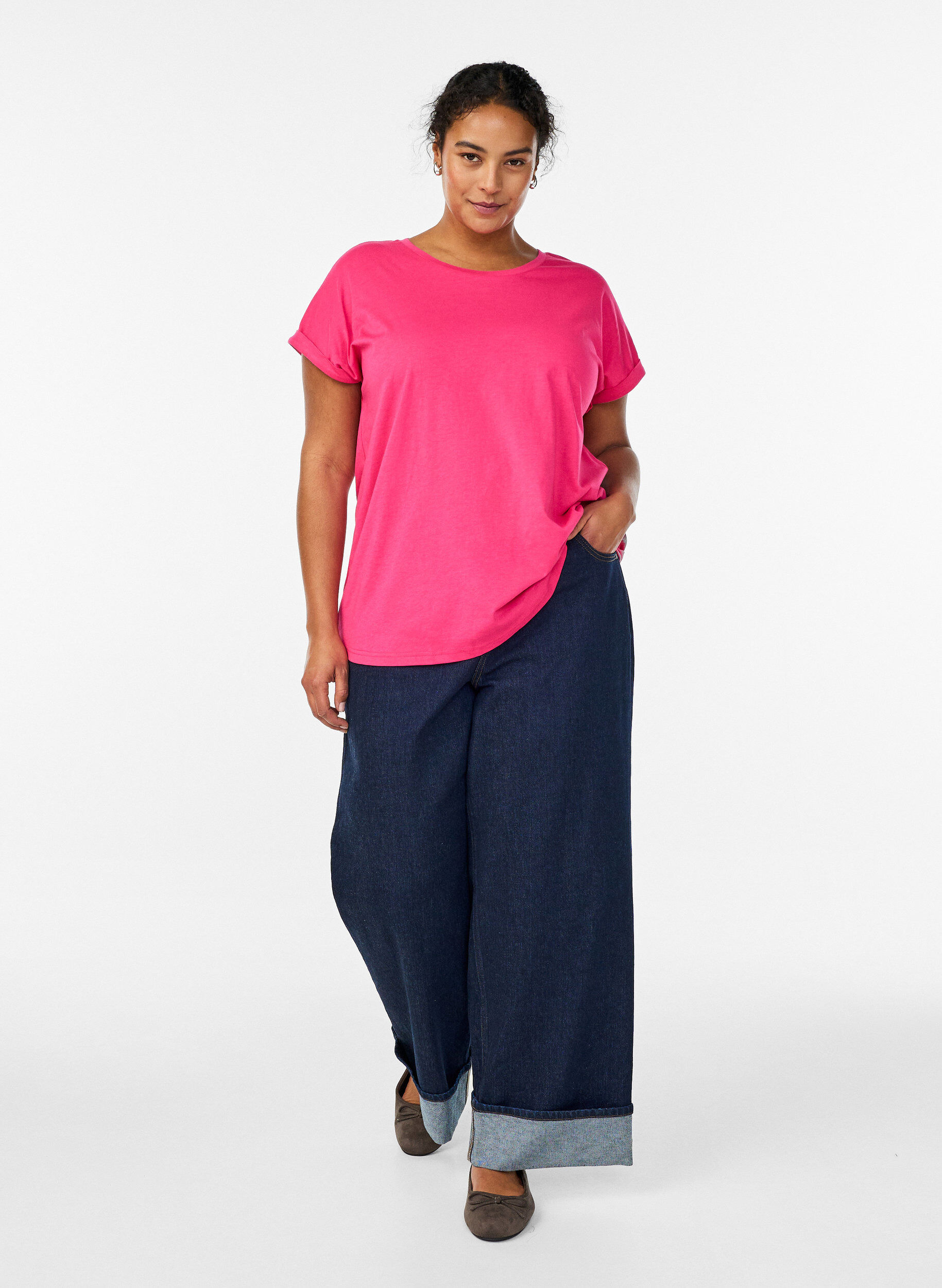 Zizzi T-shirt &agrave; manches courtes en coton m&eacute;lang&eacute;, Rose, Model image number 1