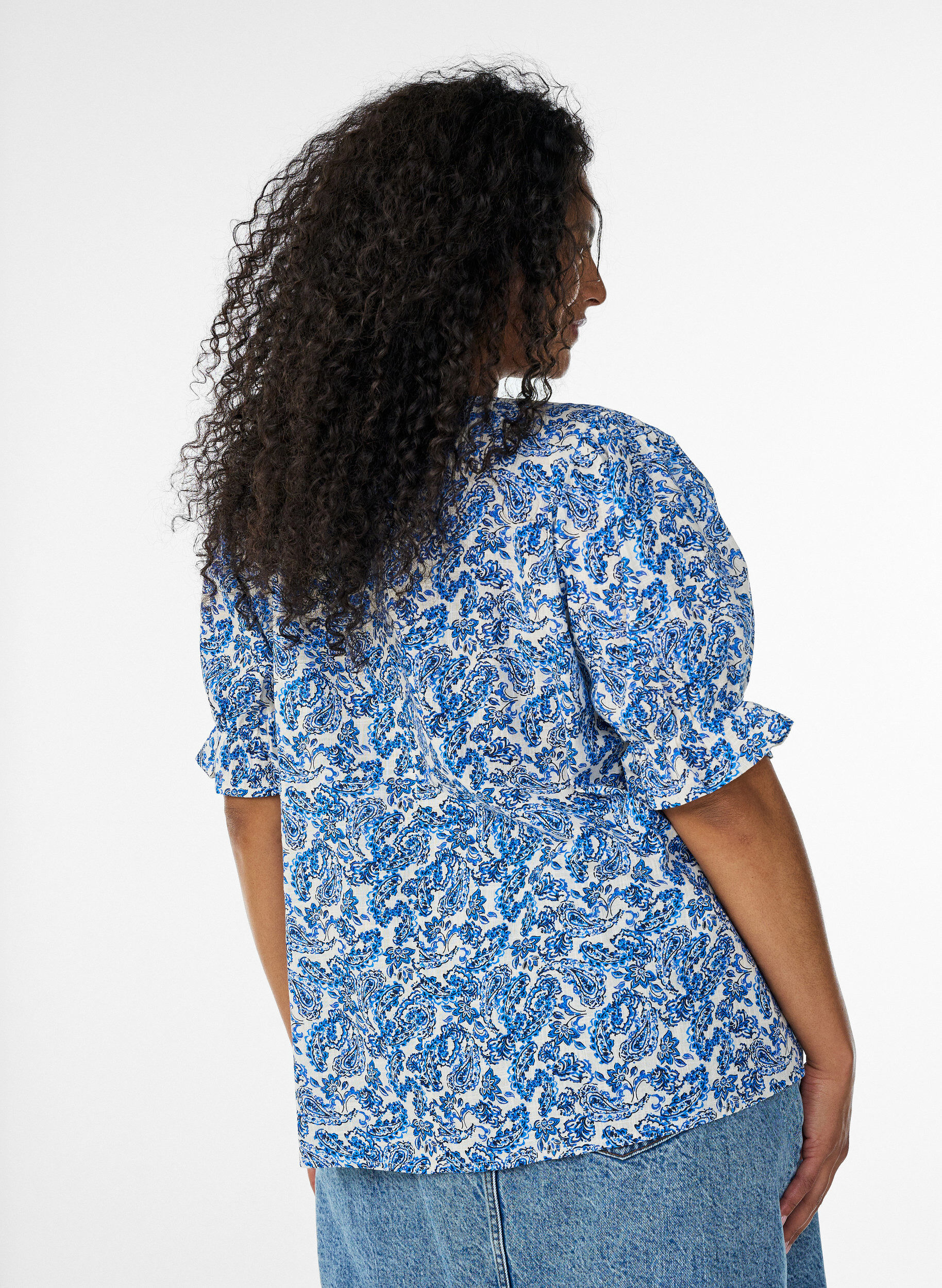 ZizziBlouse en coton avec encolure carr&eacute;e, Bleu, Model image number 2