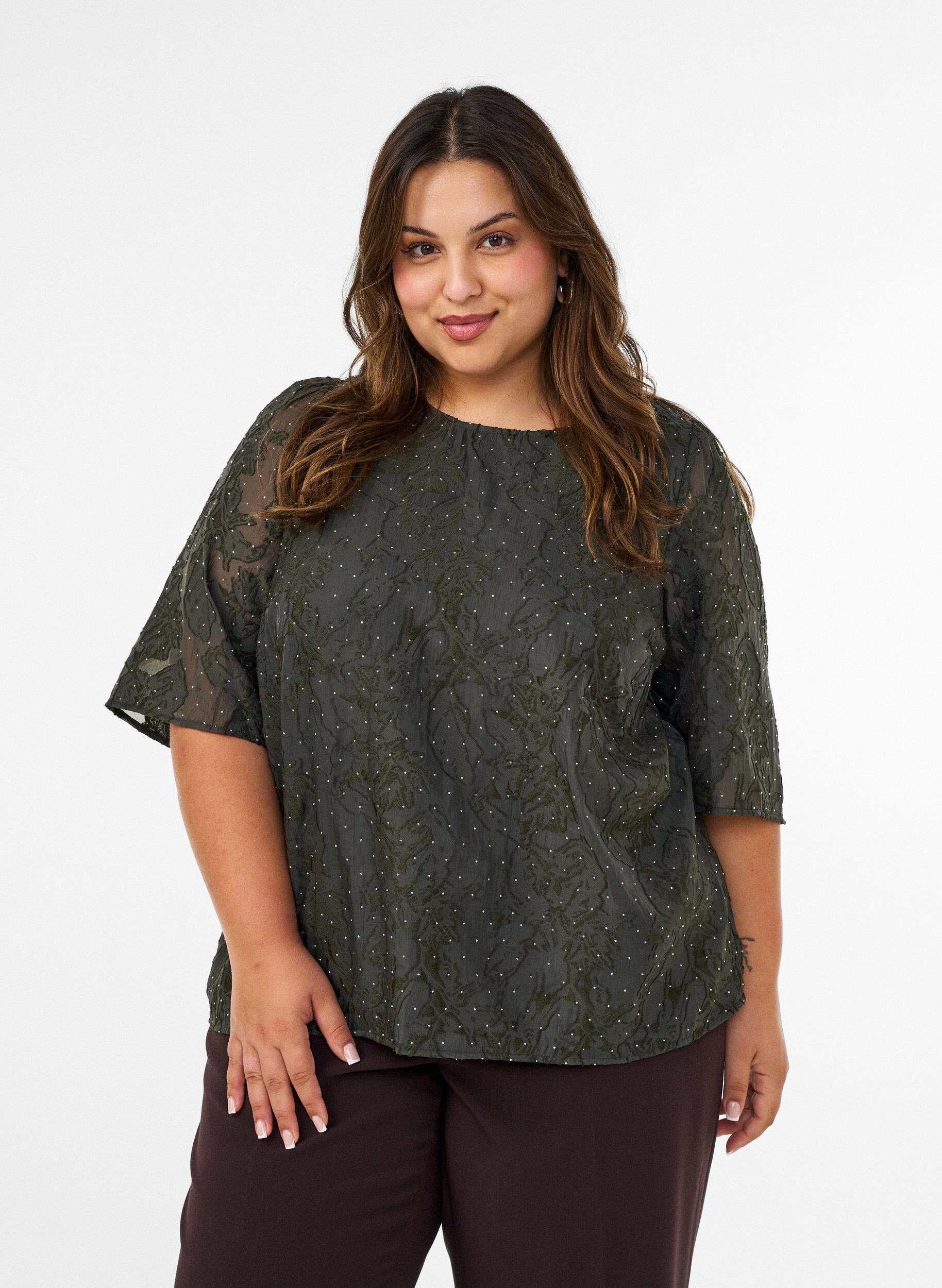 ZizziBlouse jacquard avec d&eacute;tails scintillants et manches bouffantes, Vert fonc&eacute;, Model image number 0