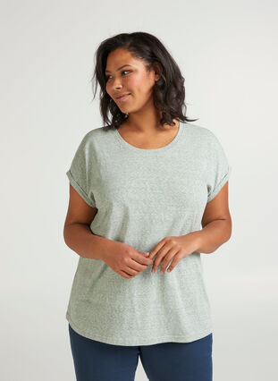 T-shirt chiné en coton, Green Mélange, Model image number 0