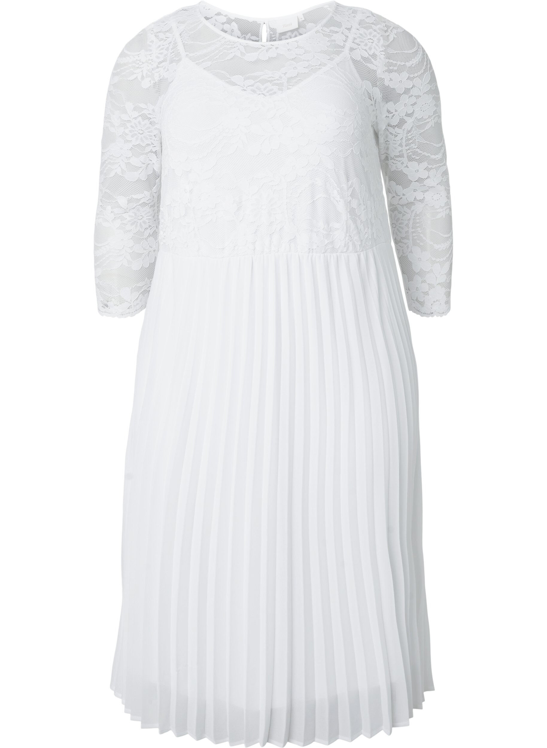 Zizzi Robe pliss&eacute;e avec dentelle et manches 3/4, Bright White, Packshot image number 0