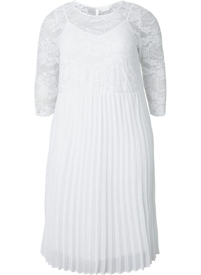 Robe plissée avec dentelle et manches 3/4, Bright White, Packshot image number 0