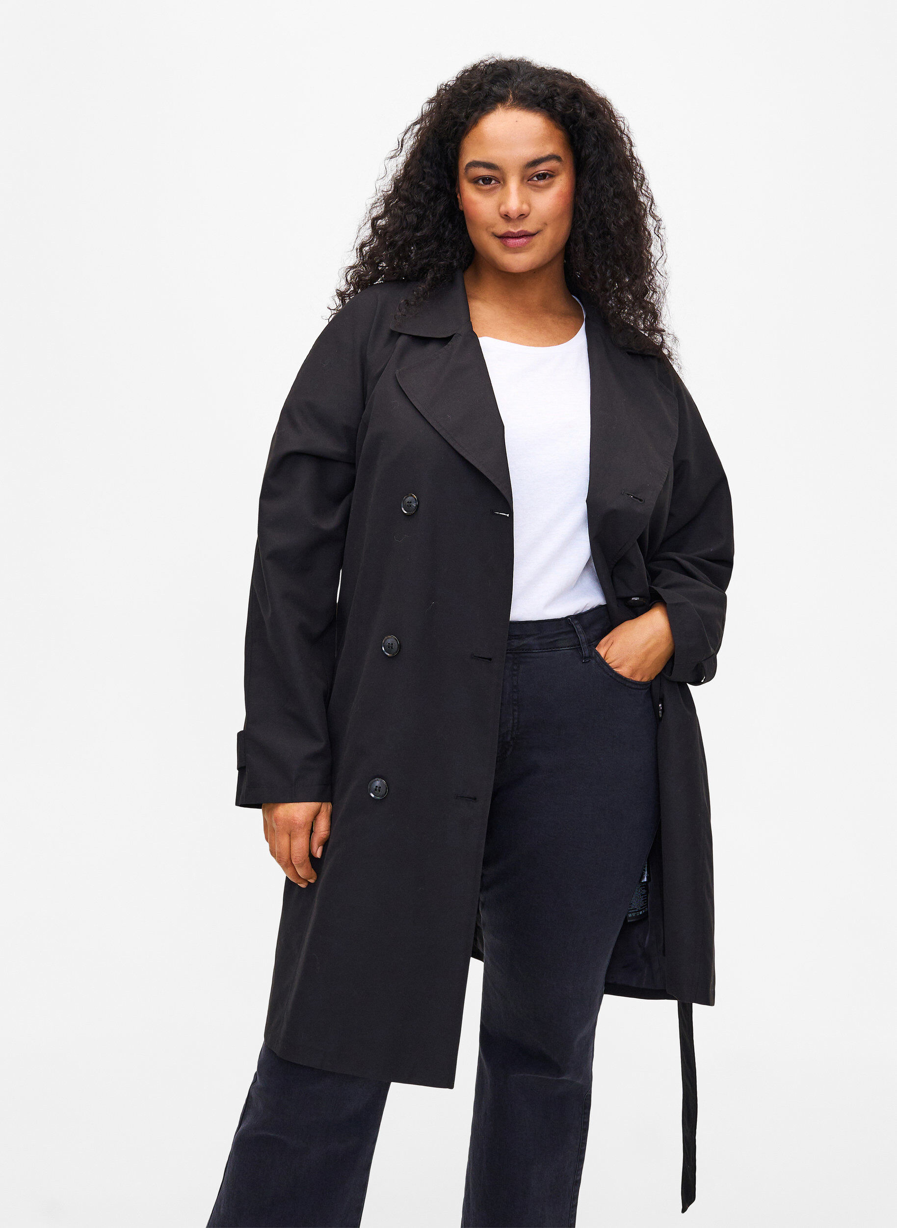 Zizzi Trench-coat avec ceinture et fente, Black, Model image number 0