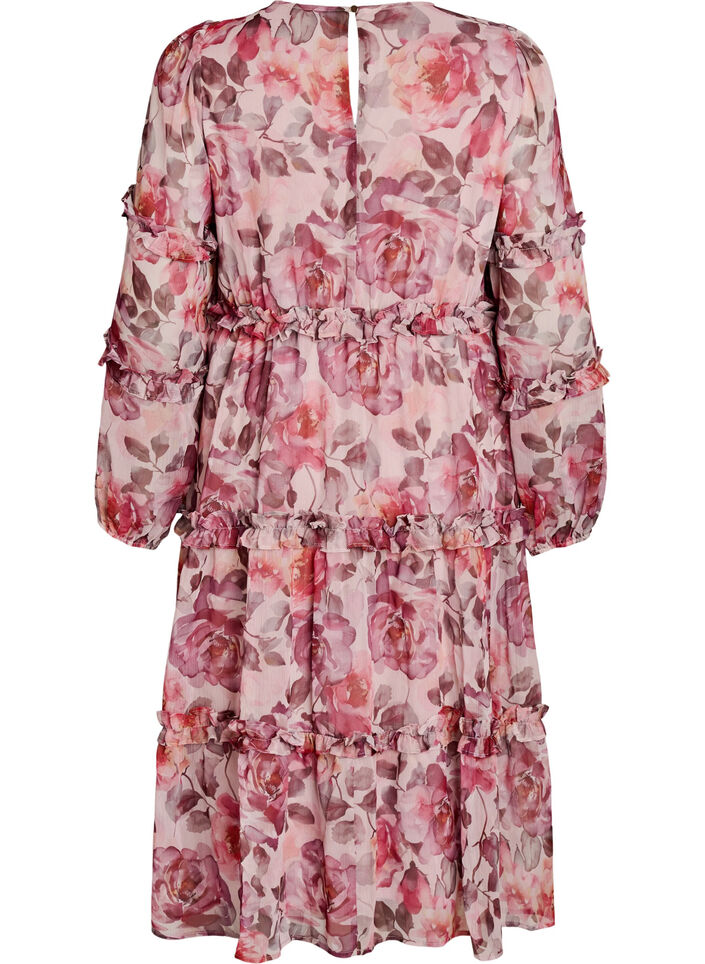 Robe midi &agrave; fleurs avec volants et manches transparentes, Rose, Packshot image number 1