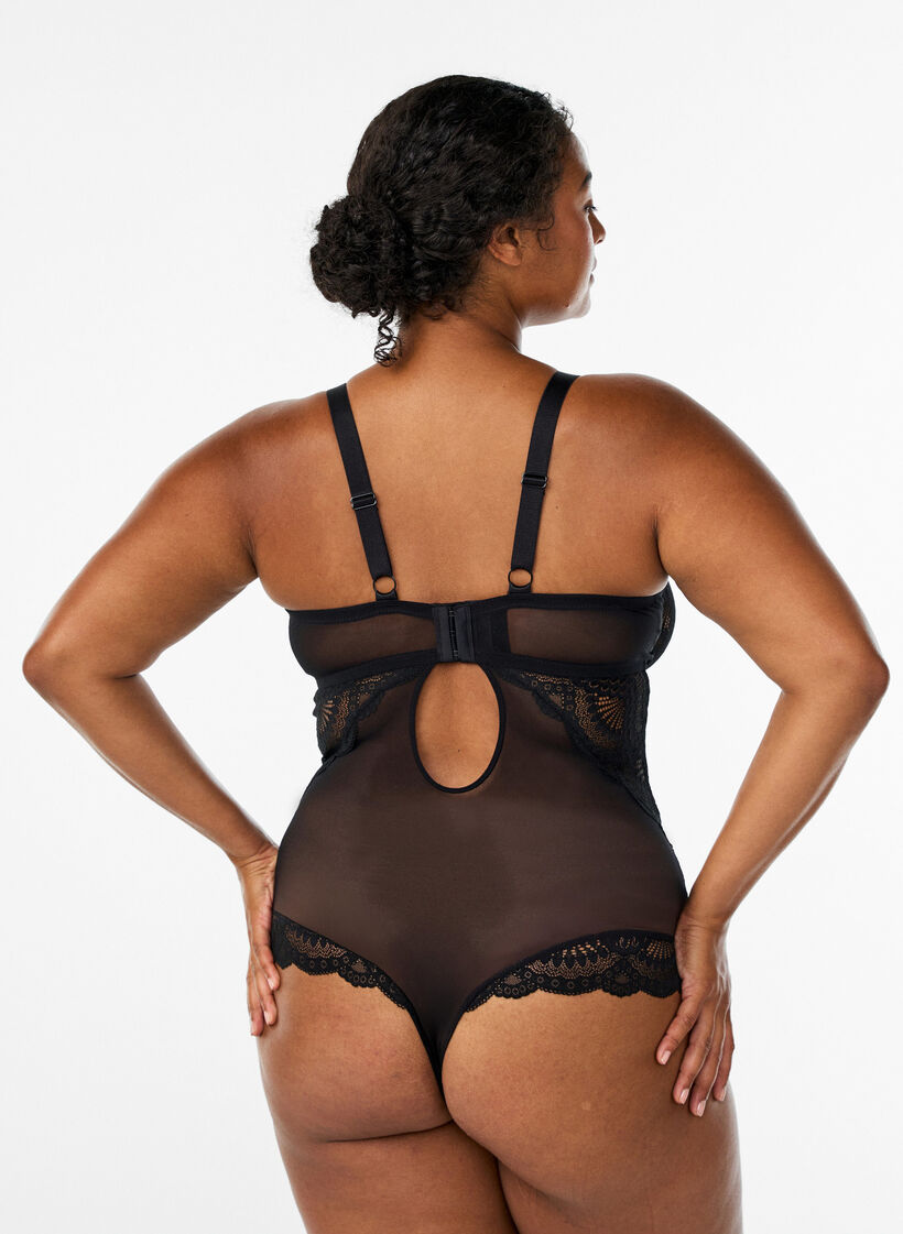 Body en dentelle avec d&eacute;tails lac&eacute;s, Noir, Model image number 1