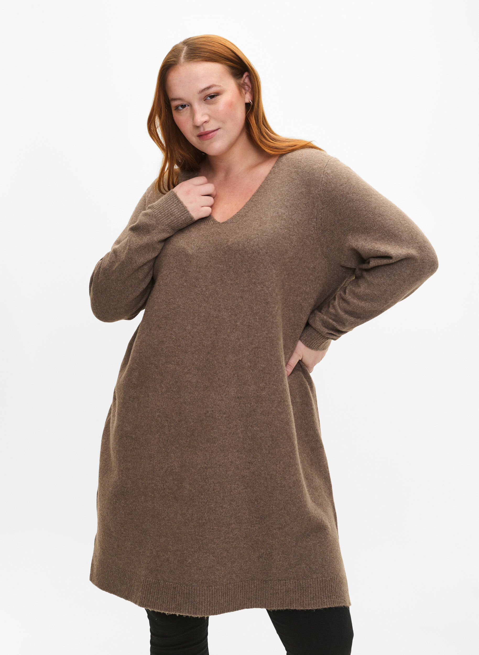 Zizzi Robe en tricot avec fente, Walnut/White, Model image number 0