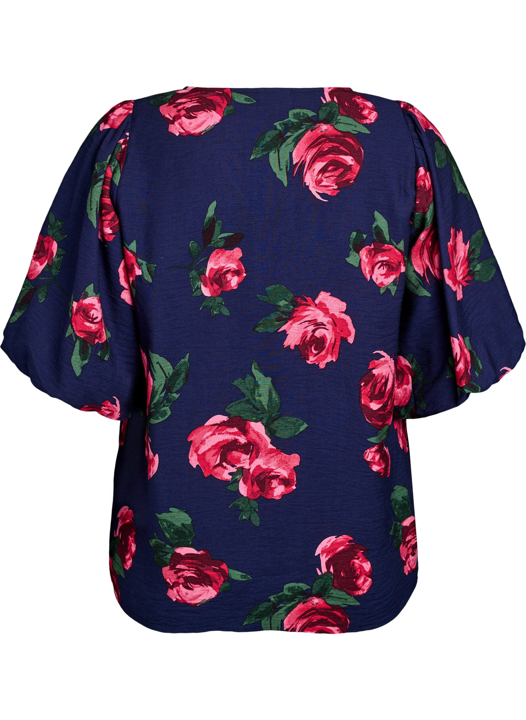 Zizzi Blouse &agrave; imprim&eacute; roses et manches courtes bouffantes, Bleu, Packshot image number 1