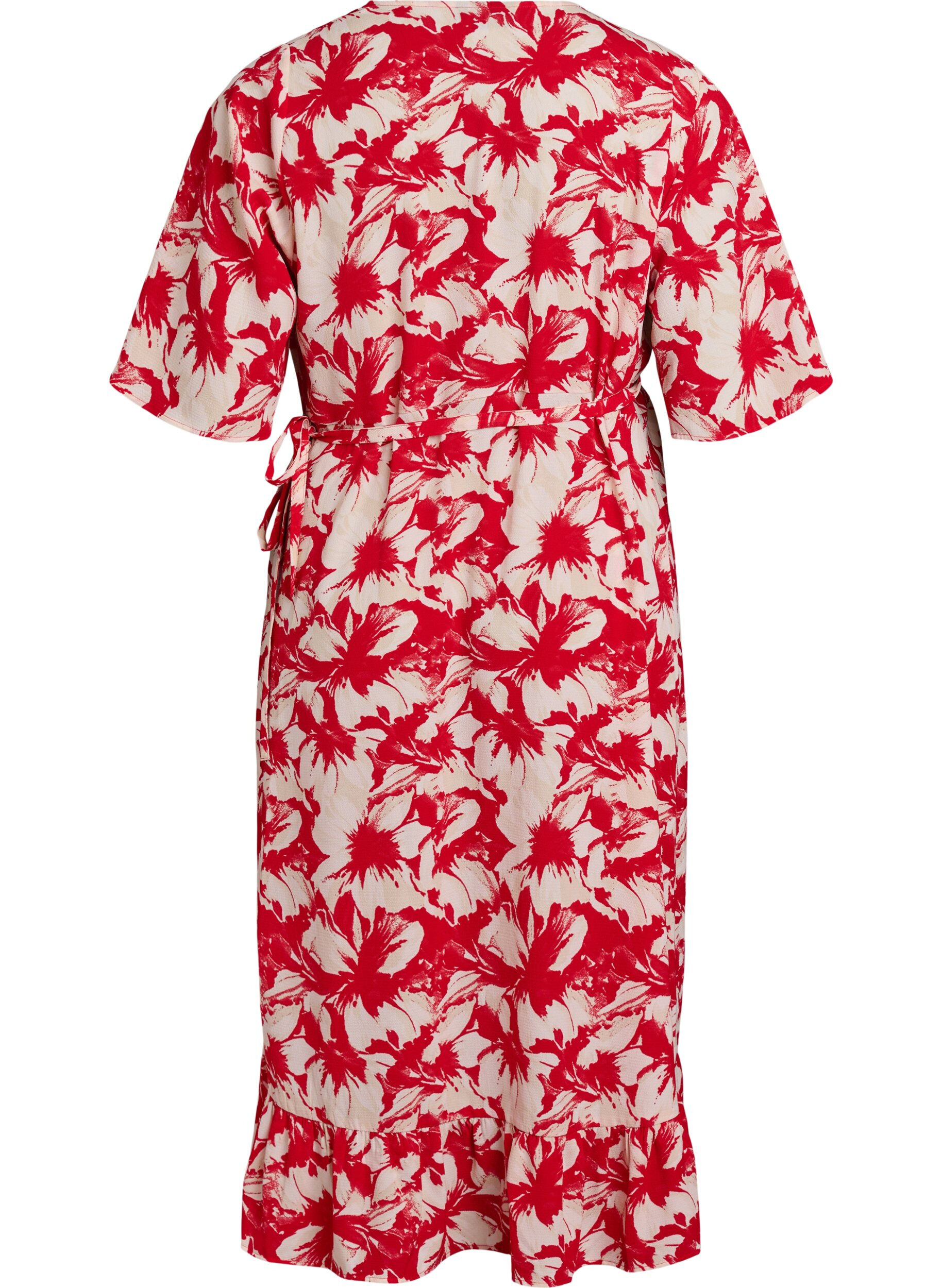 Zizzi Robe portefeuille de couleur unie avec manches courtes, Rouge, Packshot image number 1