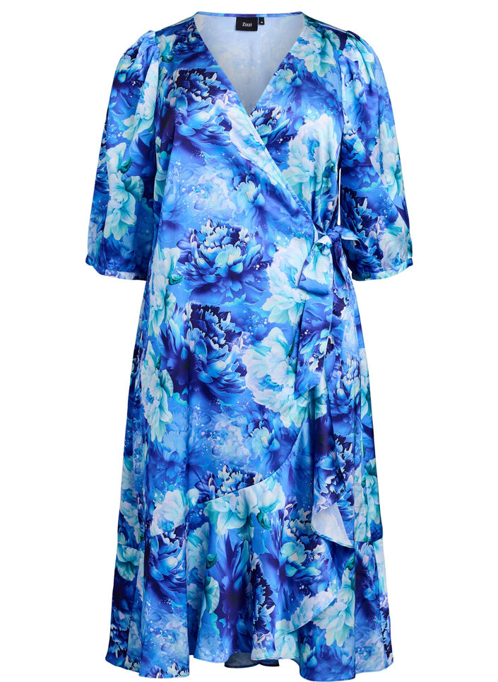 Robe portefeuille &agrave; imprim&eacute; floral et manches 3/4, Bleu, Packshot image number 0