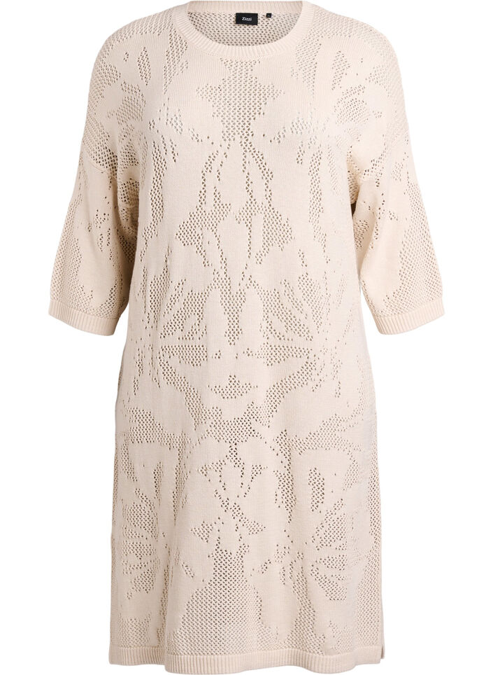 Robe en maille avec motif ajouré et manches 3/4, Beige, Packshot image number 0