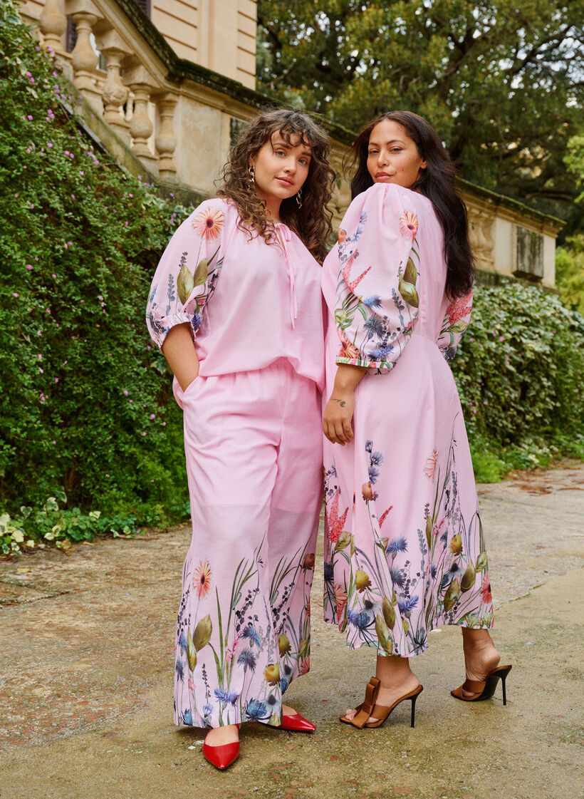 Pantalon &agrave; imprim&eacute; floral et coupe ample, Rose, Image image number 0