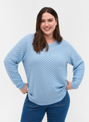 Pull en tricot à motifs en coton bio, Chambray Blue, Model image number 0