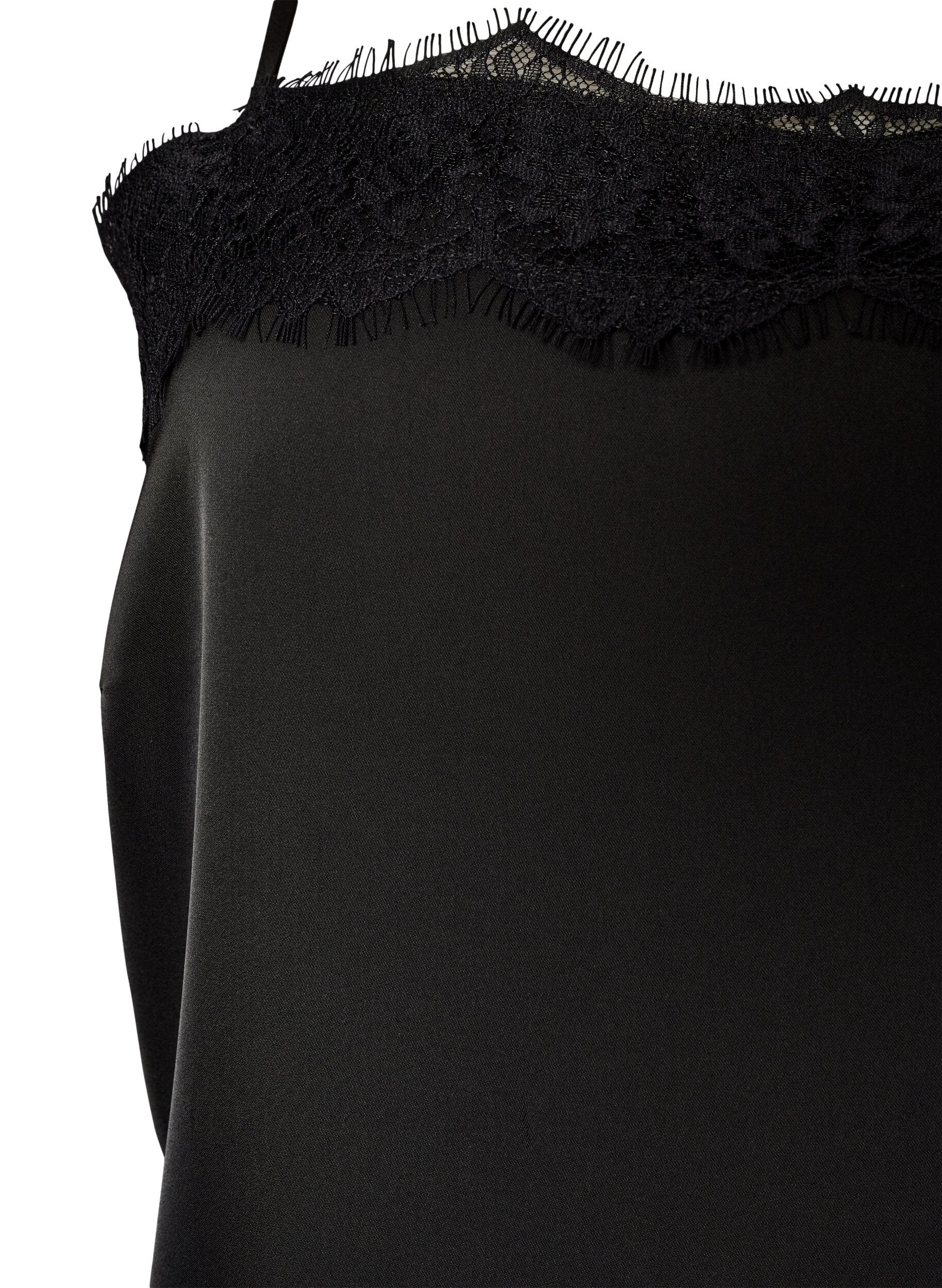 ZizziHaut long en satin bord&eacute; de dentelle, Noir, Packshot image number 2