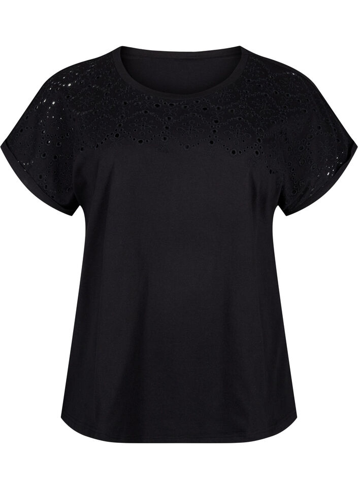 T-shirt en coton biologique avec broderie anglaise, Black, Packshot image number 0