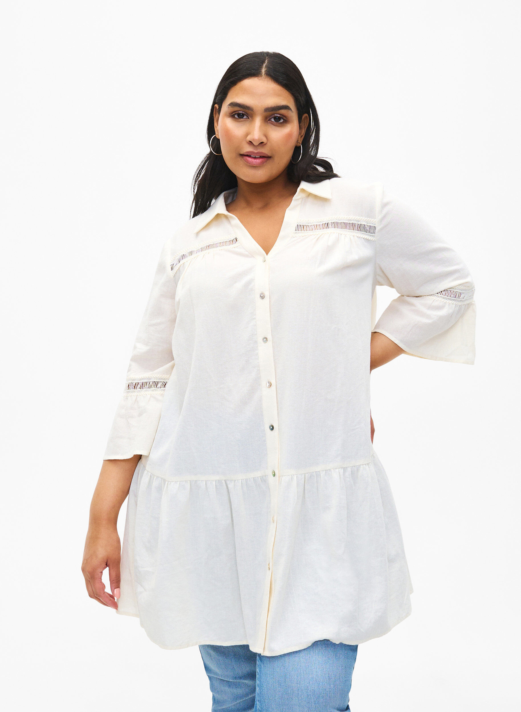 Zizzi Tunique en coton biologique avec des d&eacute;tails f&eacute;minins, Antique White, Model image number 0