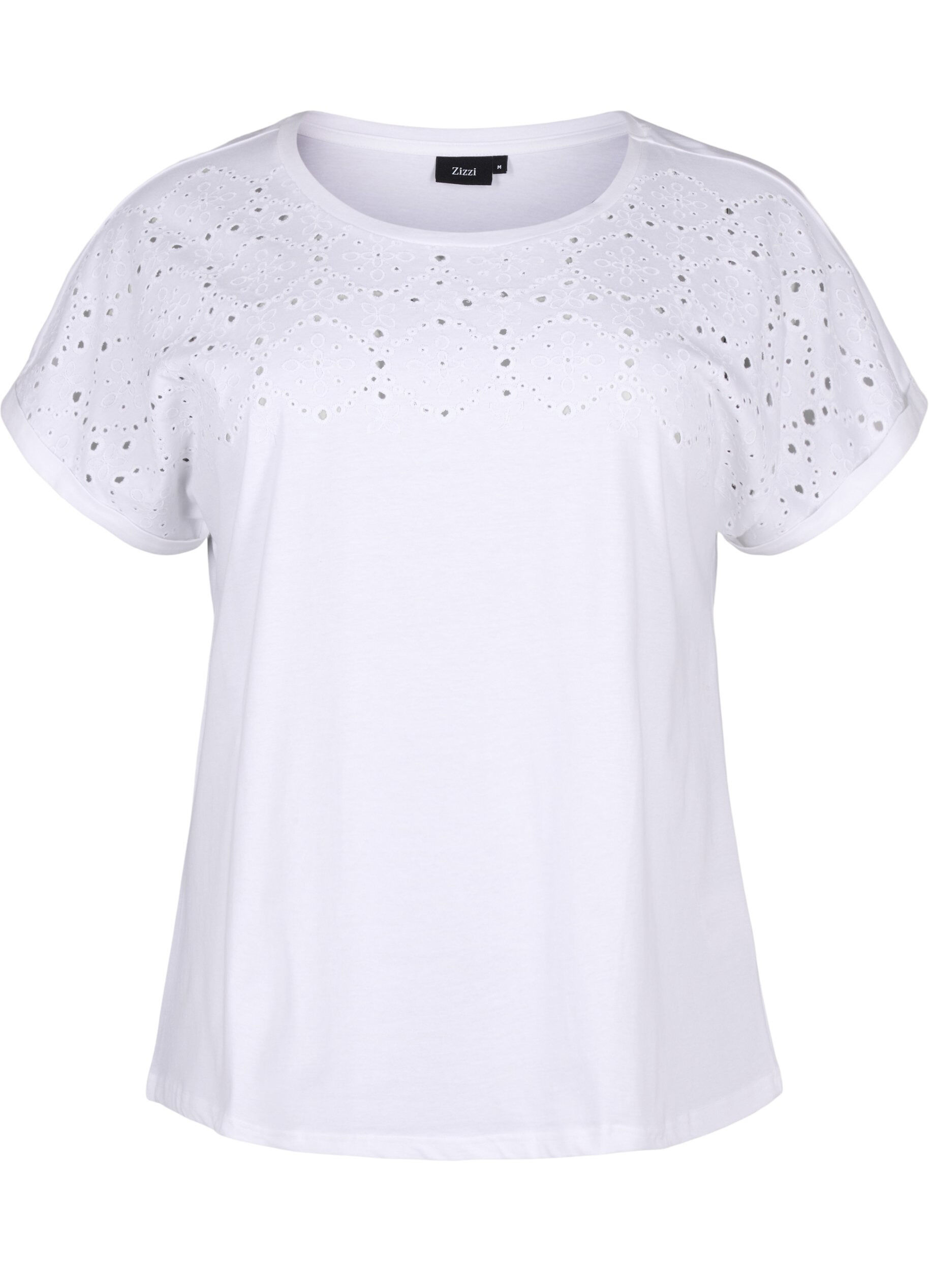 Zizzi T-shirt en coton biologique avec broderie anglaise, Bright White, Packshot image number 0