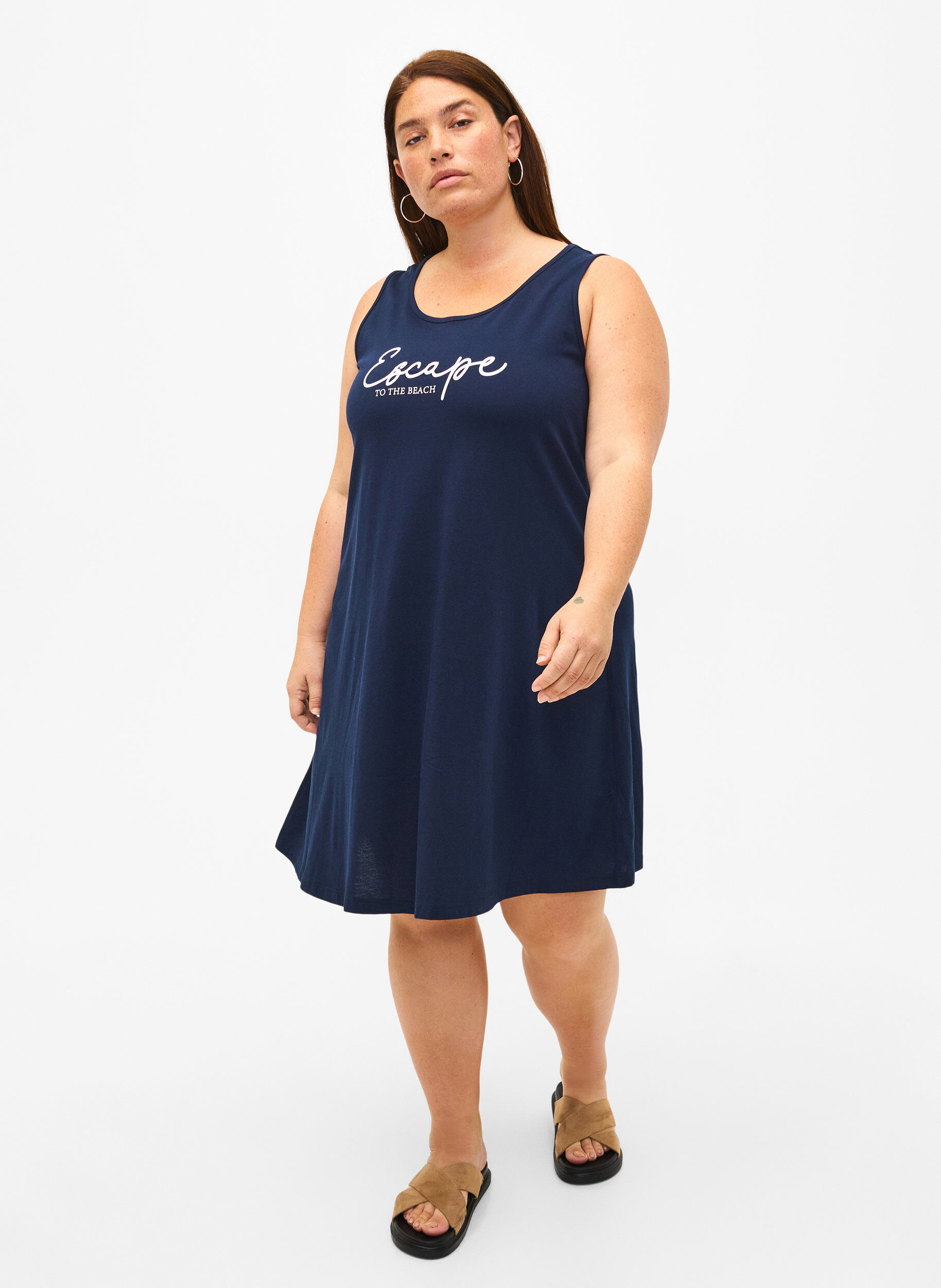 Zizzi Robe sans manches en coton avec forme en A, Navy B. W. Escape, Model image number 2