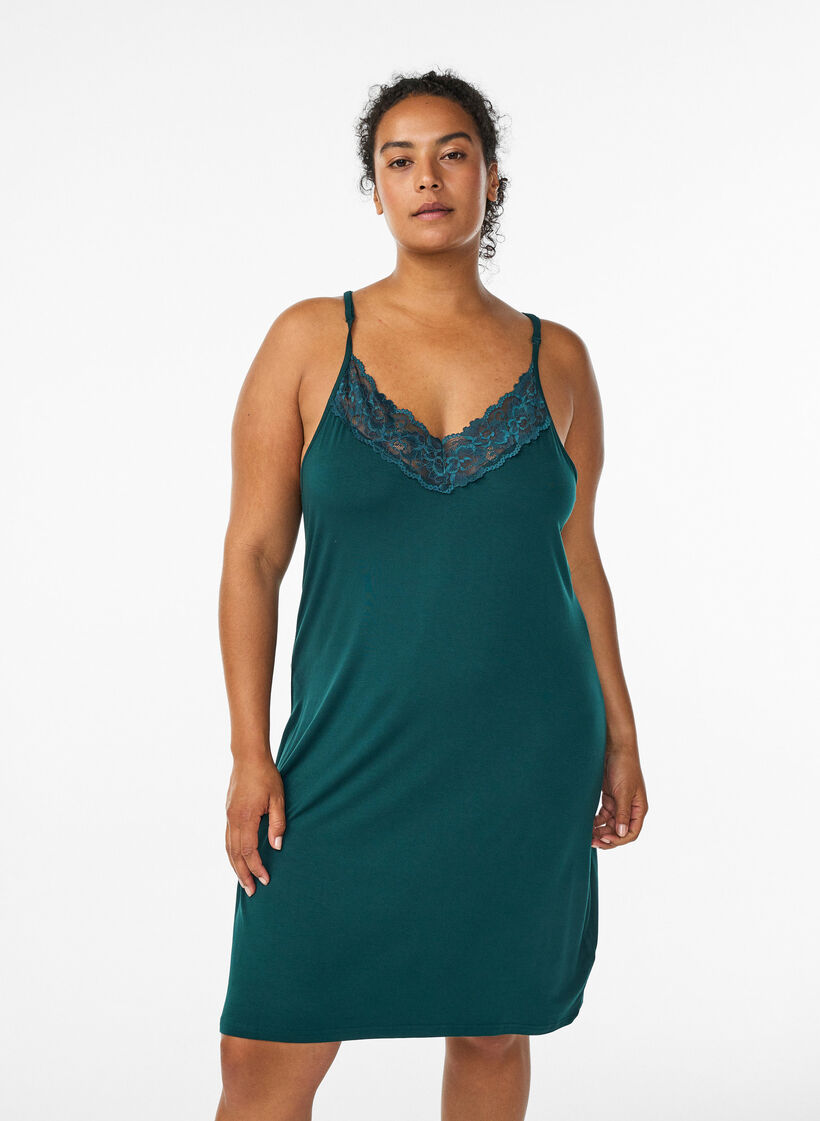 Nuisette sans manches en viscose avec détails en dentelle, Vert foncé, Model image number 0