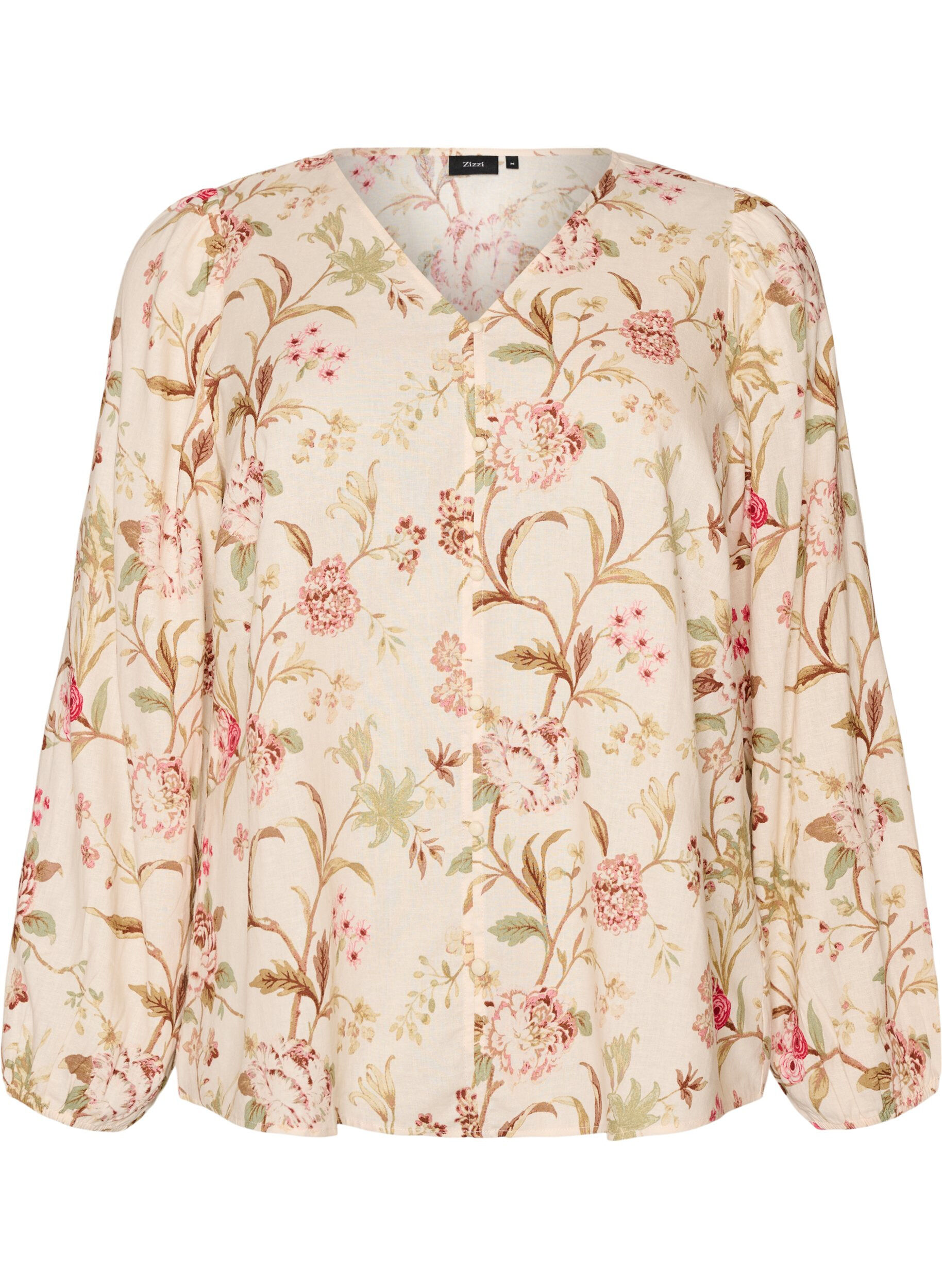 ZizziBlouse fleurie en lin et viscose &agrave; manches longues, Vanille, Packshot image number 0