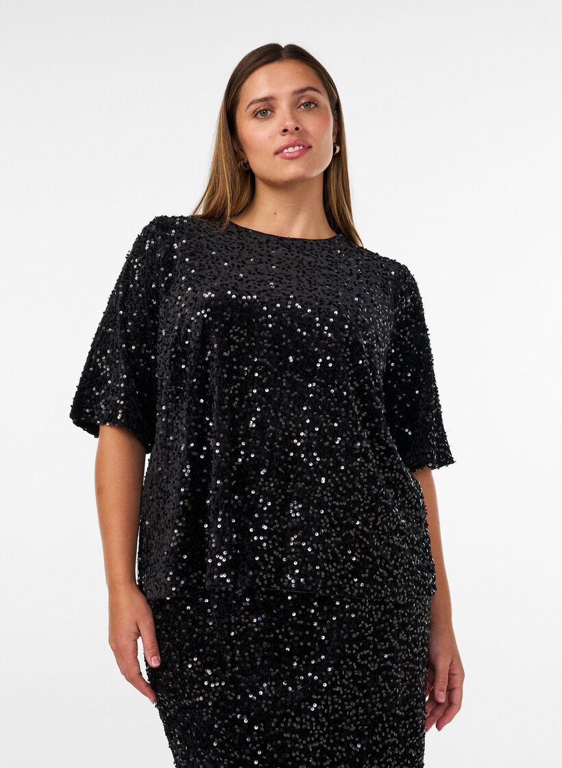 Blouse en sequins avec manches au coude, Noir, Model image number 0