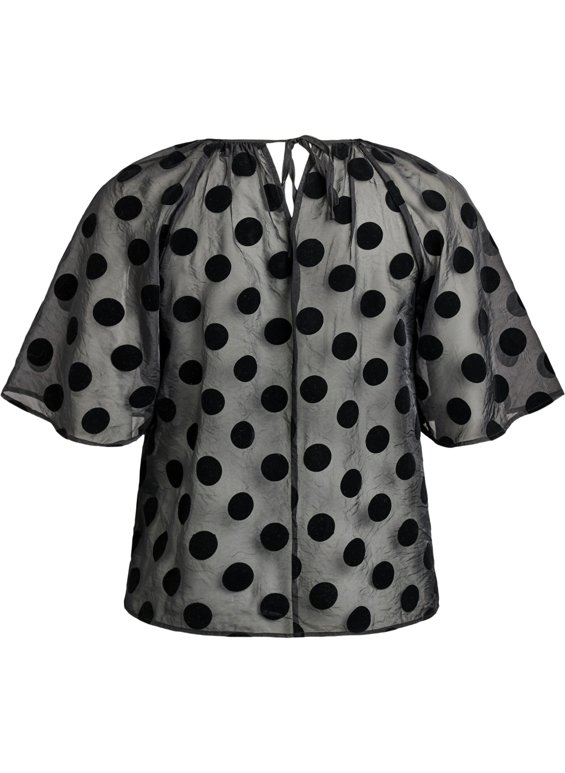 Zizzi Blouse de soir&eacute;e aspect organza &agrave; pois en velours, Noir, Packshot image number 1