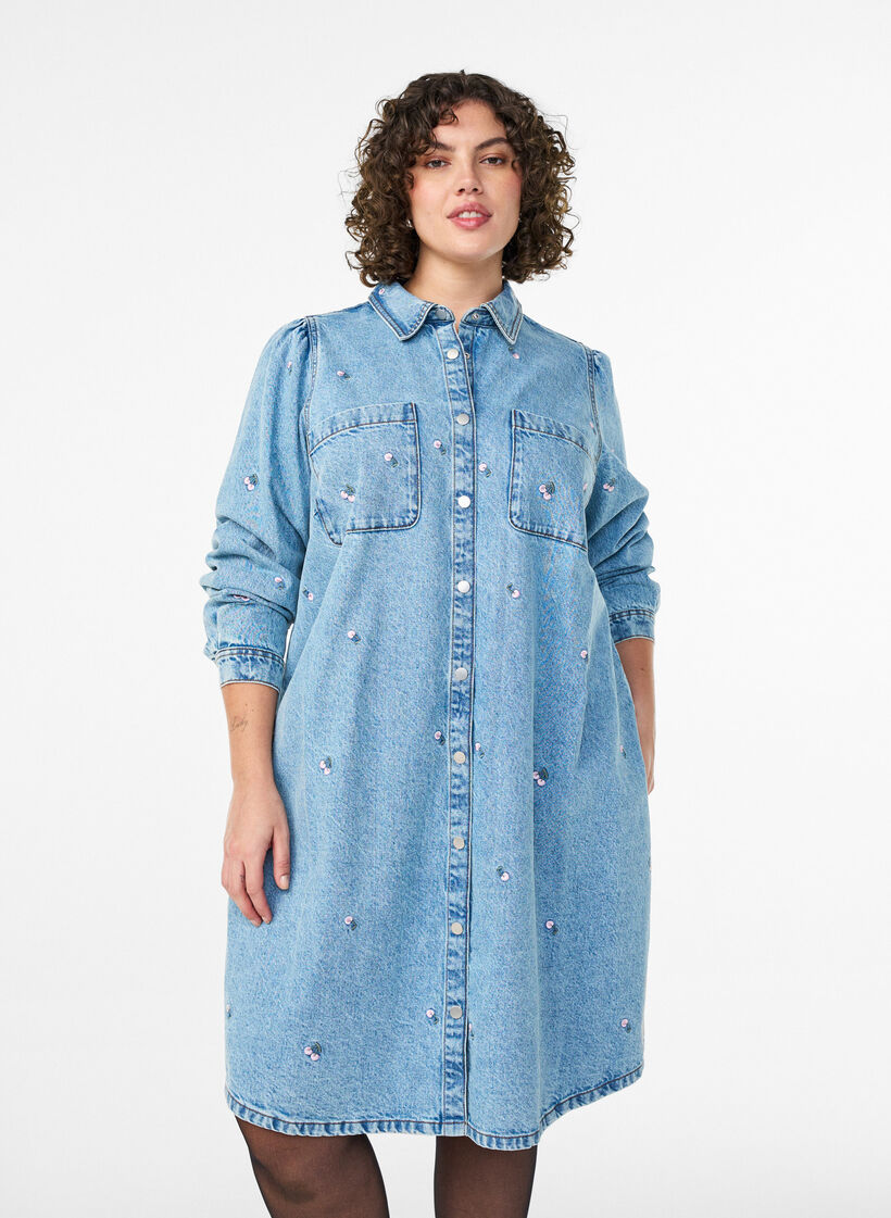 Robe en jean avec imprimé cerises et poches poitrine, Bleu Clair, Model image number 0