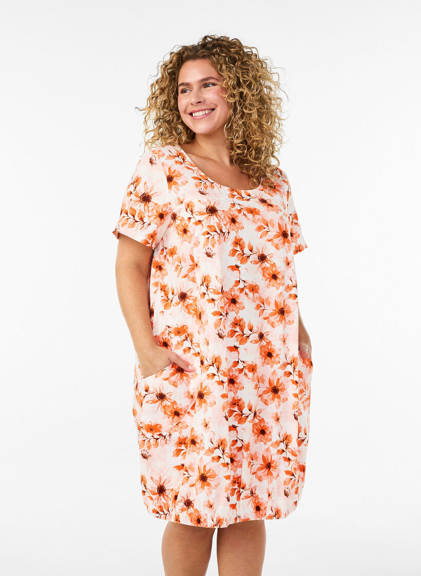 Robe en coton &agrave; manches courtes avec imprim&eacute;, Orange, Model image number 0