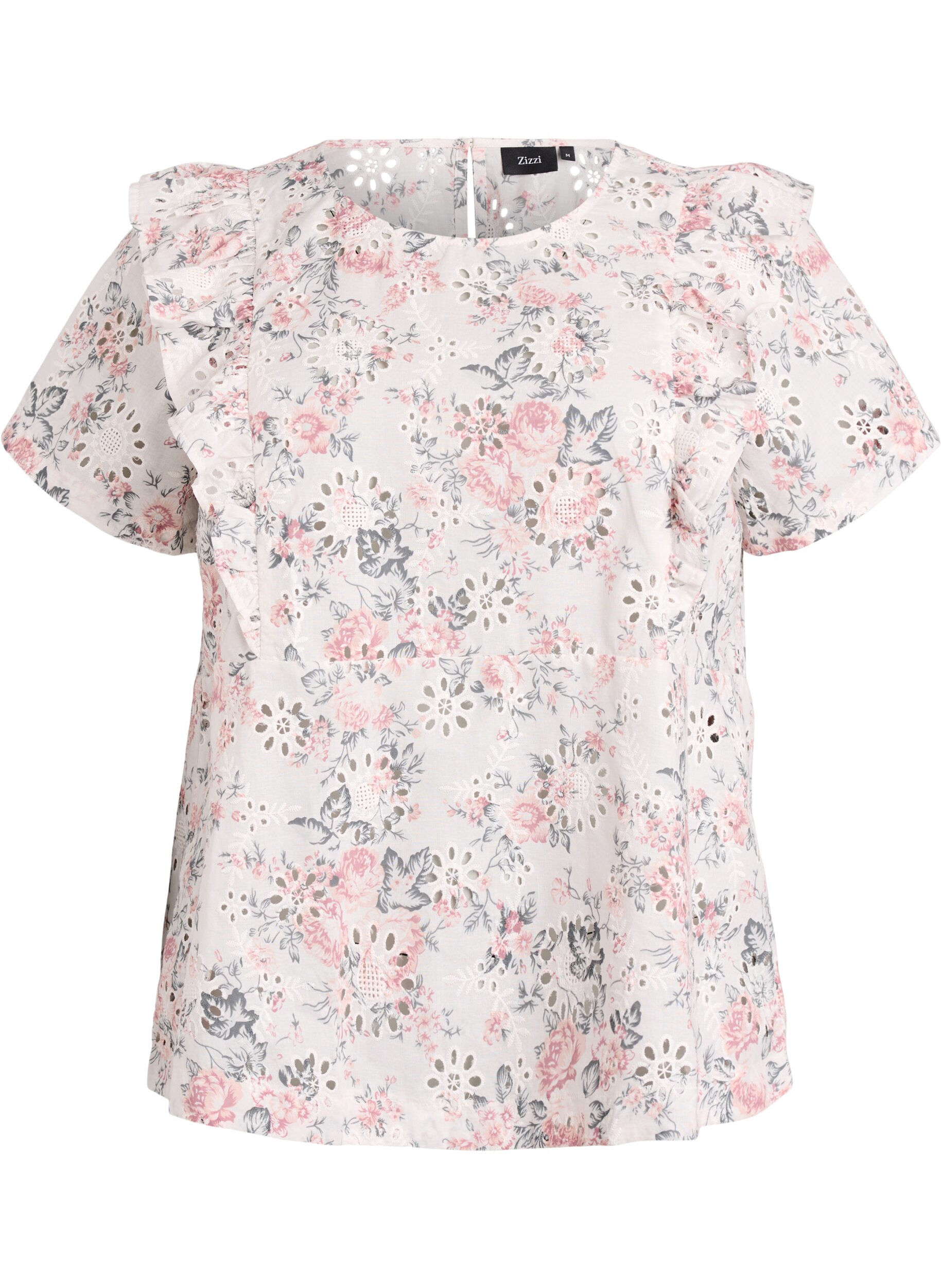 ZizziBlouse en coton avec broderie anglaise et volants, Rose poudr&eacute;e, Packshot image number 0