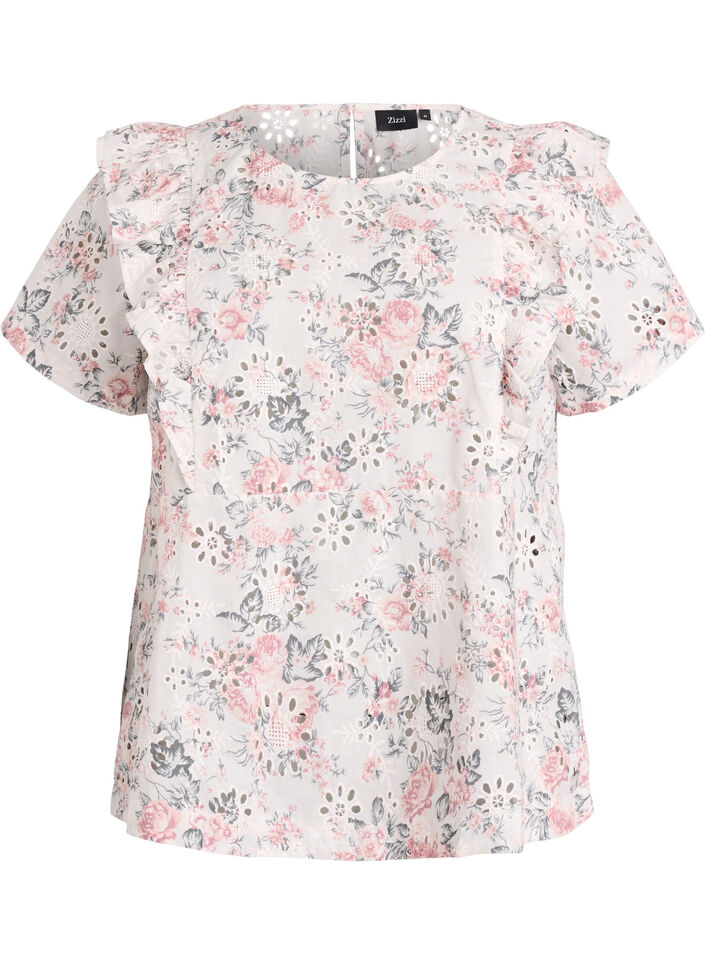 Blouse en coton avec broderie anglaise et volants, Rose poudr&eacute;e, Packshot image number 0