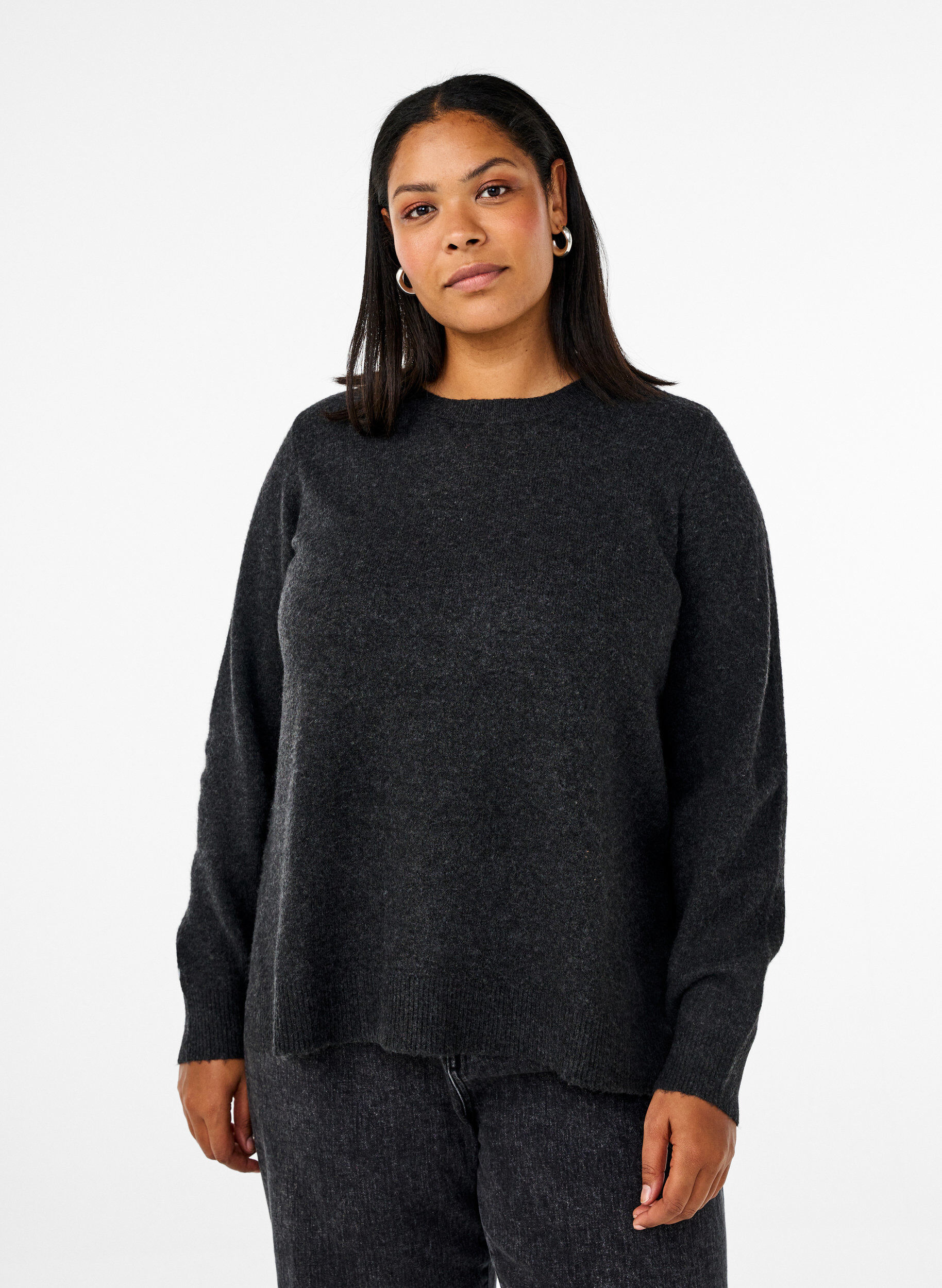 Zizzi Top en maille avec de la laine et des fentes, Dark Grey Melange, Model image number 0