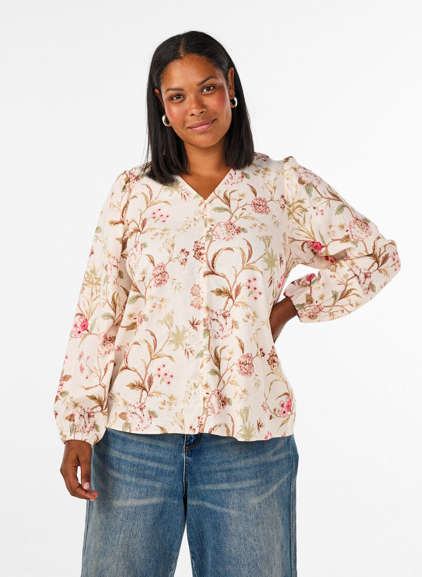 Blouse fleurie en lin et viscose &agrave; manches longues, Vanille, Model image number 0