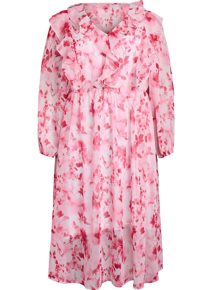 Robe en chiffon fleuri avec volants et manches longues, Rose, Packshot image number 0