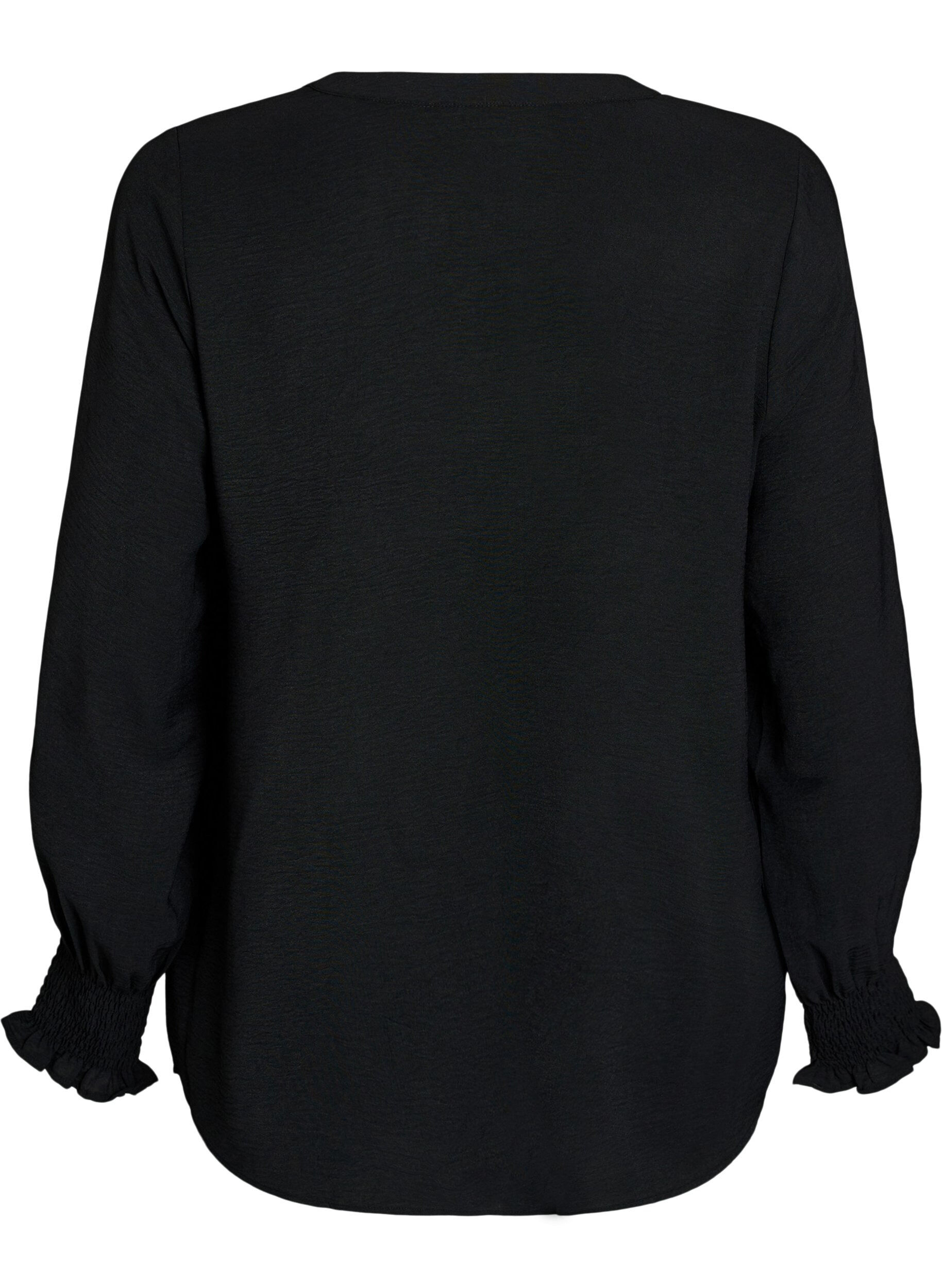 Zizzi Blouse avec poignets smock&eacute;s et col en V, Noir, Packshot image number 1