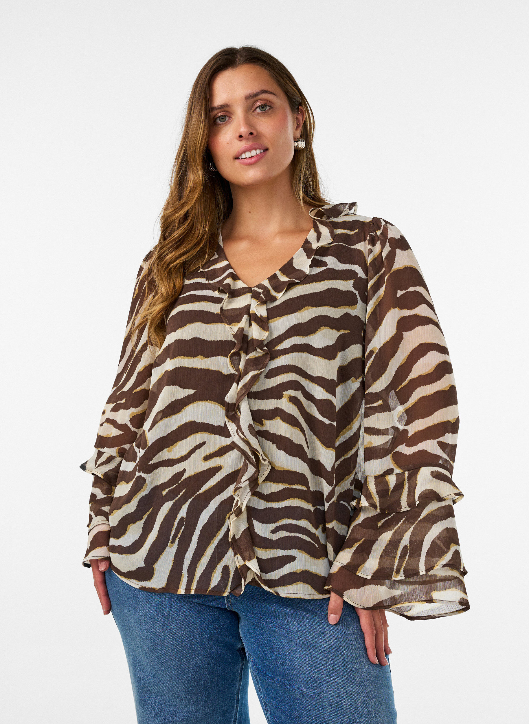 ZizziBlouse en mousseline avec imprim&eacute; z&egrave;bre et volants, Marron, Model image number 0