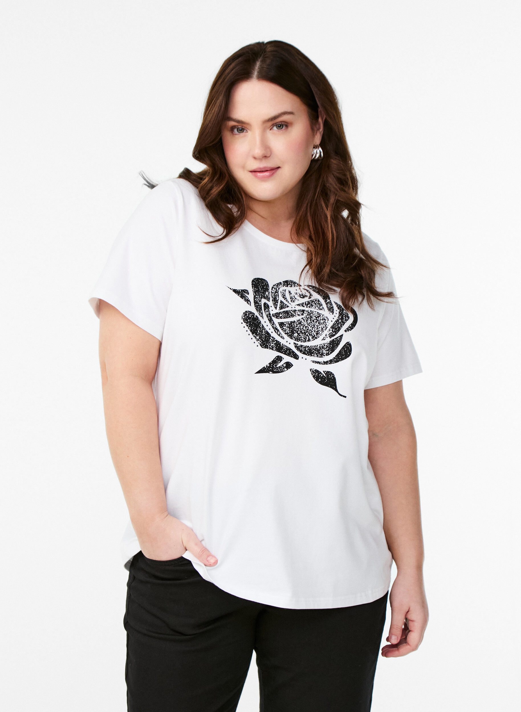 Zizzi T-shirt en coton biologique avec imprim&eacute; floral, B. White w. Rose, Model image number 0