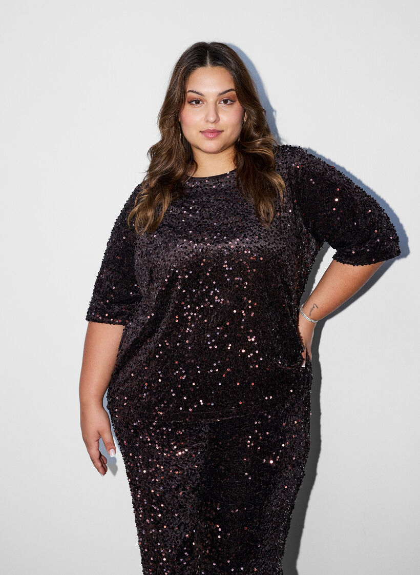 Blouse en sequins avec manches au coude, Marron, Model image number 0