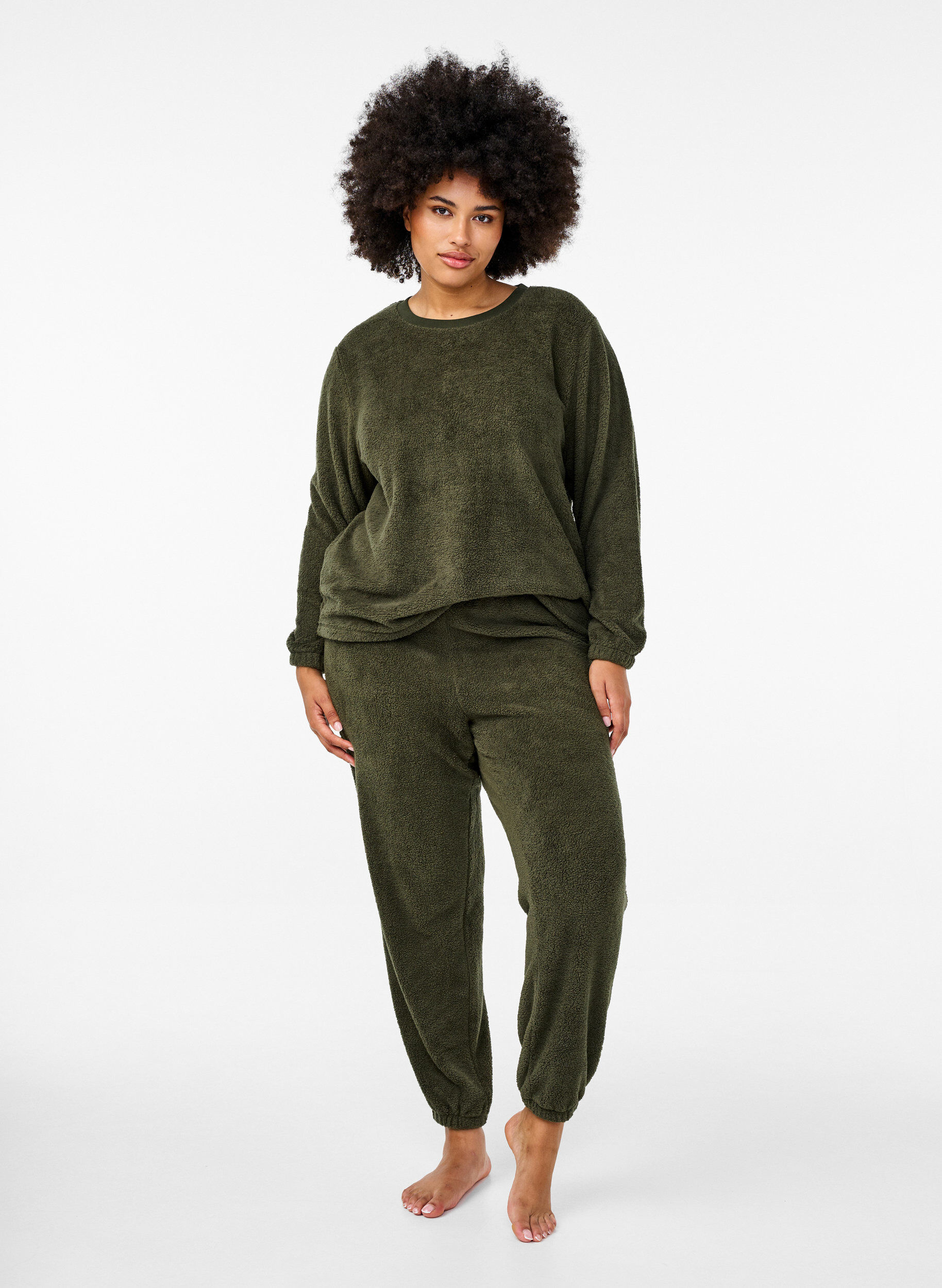 Zizzi Pantalon en peluche souple avec taille &eacute;lastiqu&eacute;e, Forest Night, Model image number 0