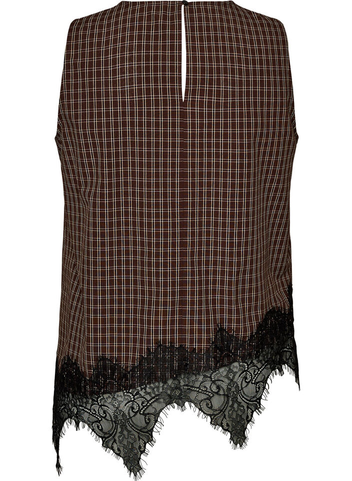 Top &agrave; carreaux avec bordure asym&eacute;trique en dentelle, Marron, Packshot