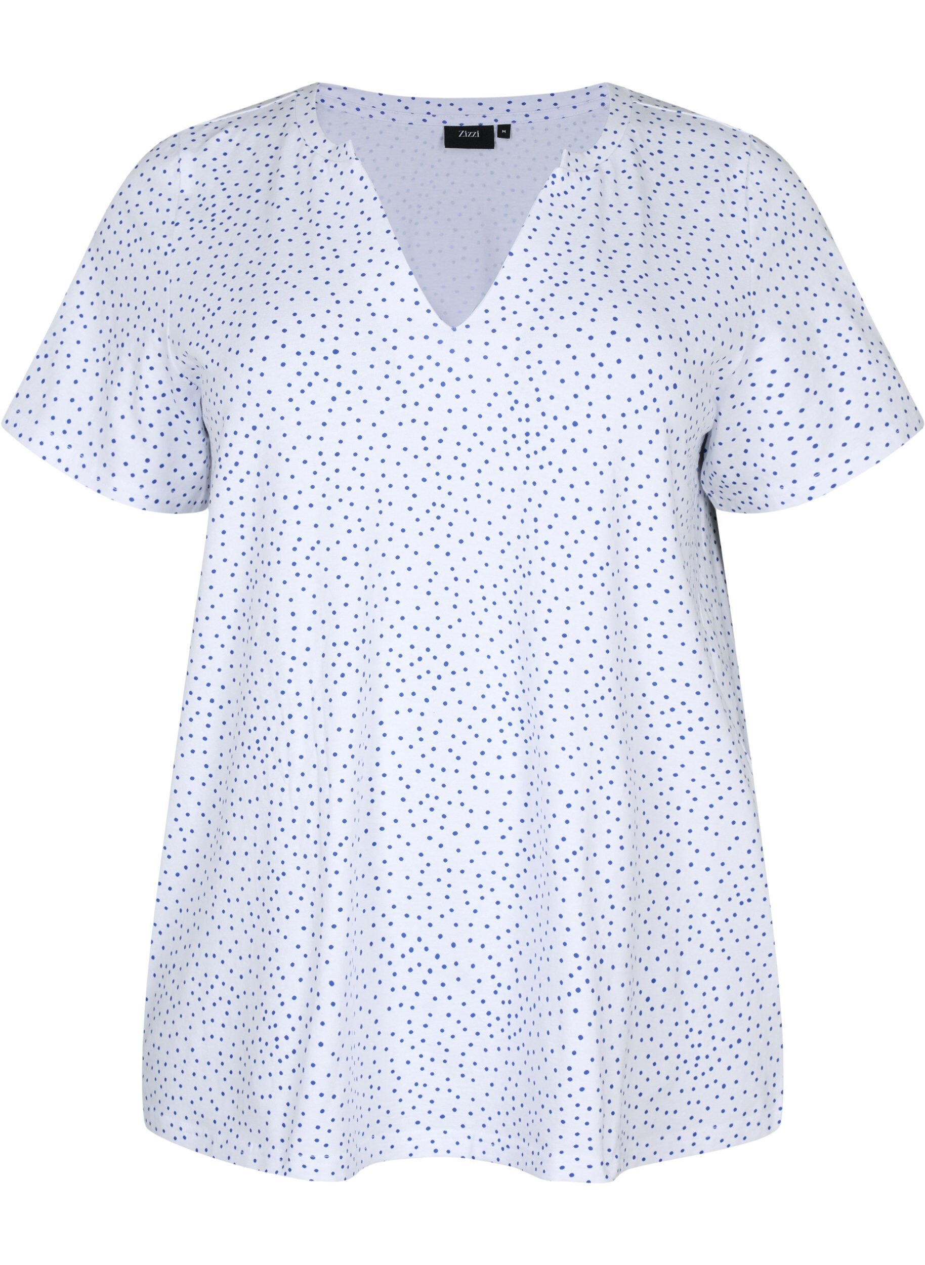 Zizzi T-shirt en coton avec des points et un col en V, B.White/S.T.W Dot, Packshot image number 0