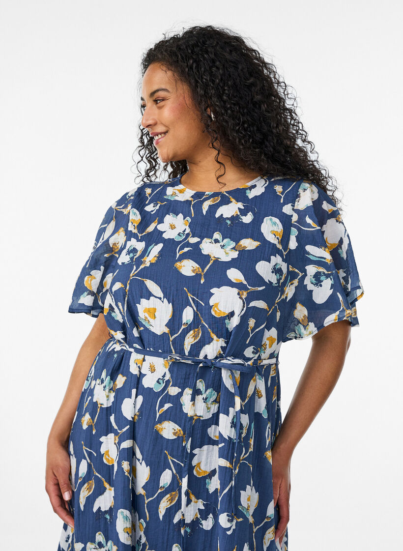 Robe longue avec manches papillon et taille &agrave; nouer, Bleu, Model image number 2