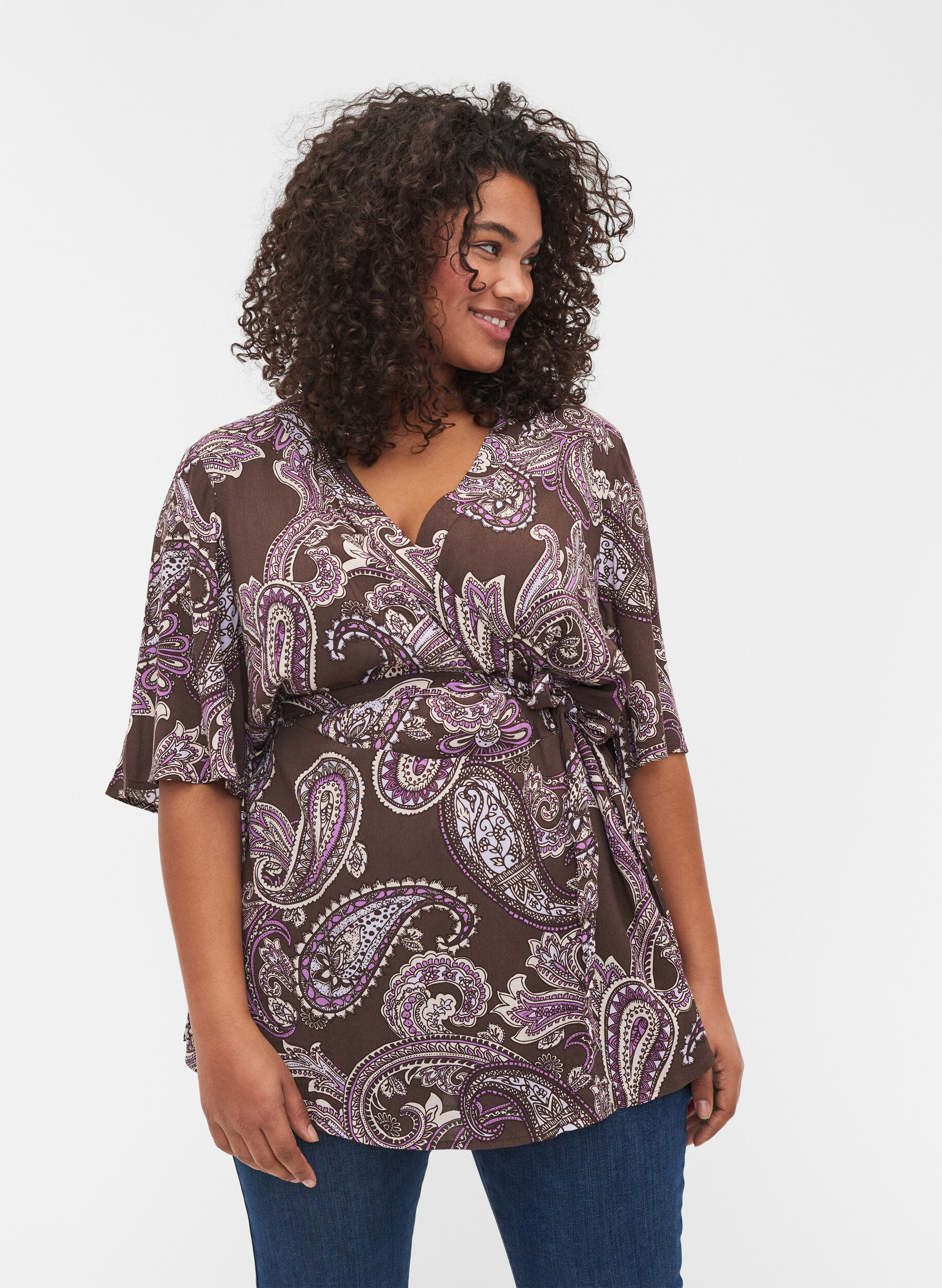 Zizzi Tunique en viscose imprim&eacute;e avec lien, Bracken Paisley, Model image number 0