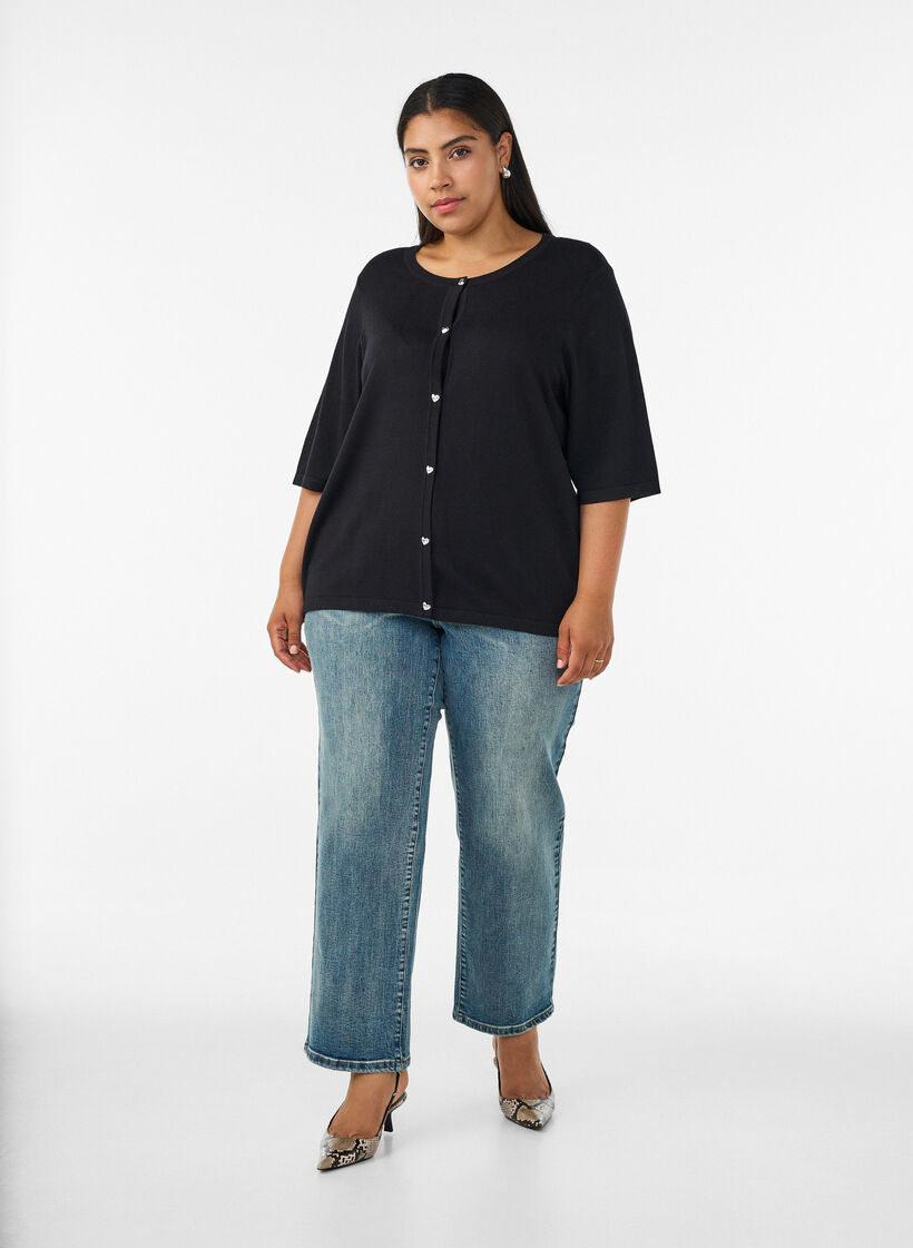 Cardigan en maille avec boutons c&oelig;ur et manches courtes, Noir, Model image number 1