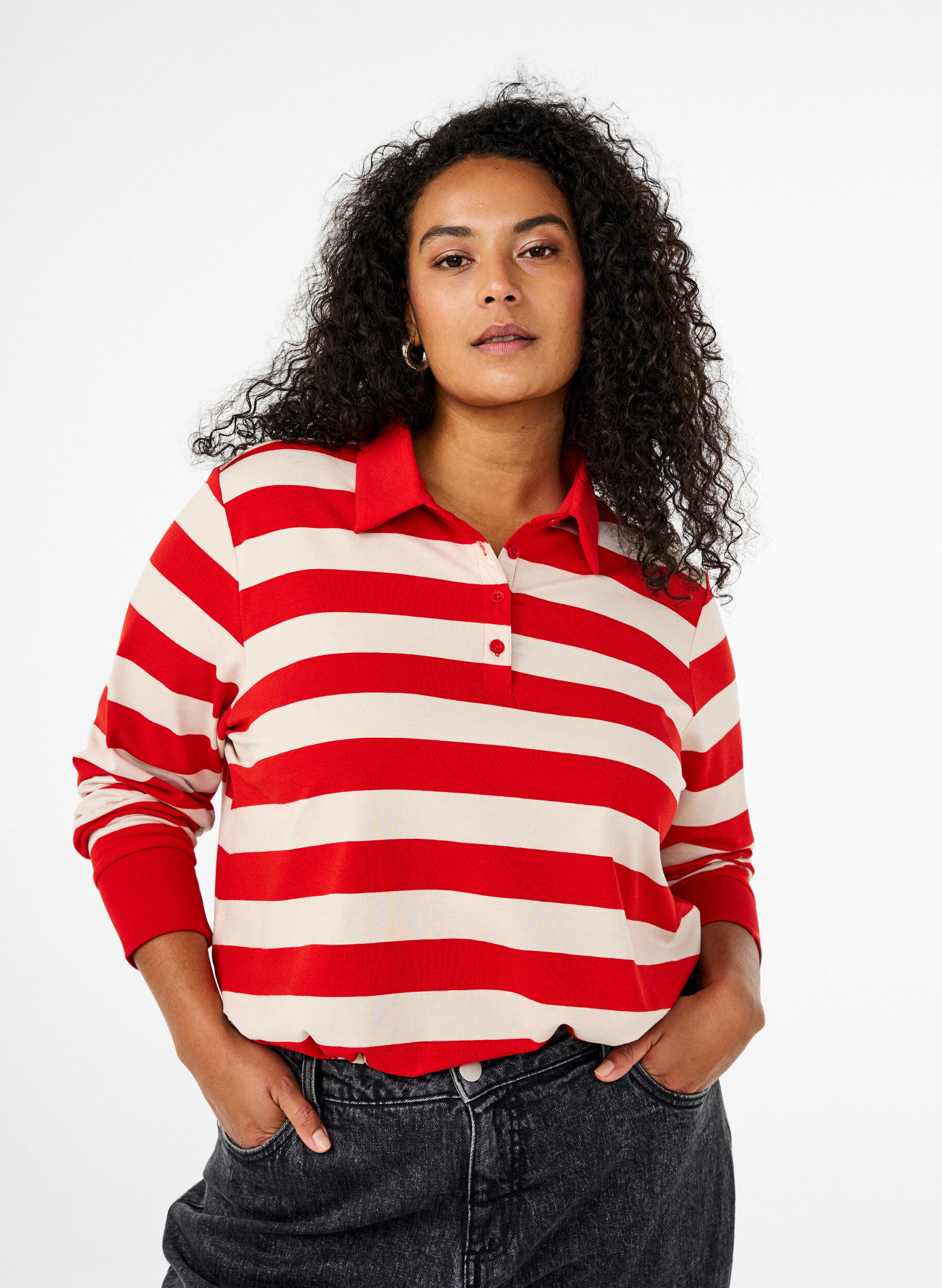 Zizzi Polo &agrave; manches longues avec rayures, Rouge, Model image number 0