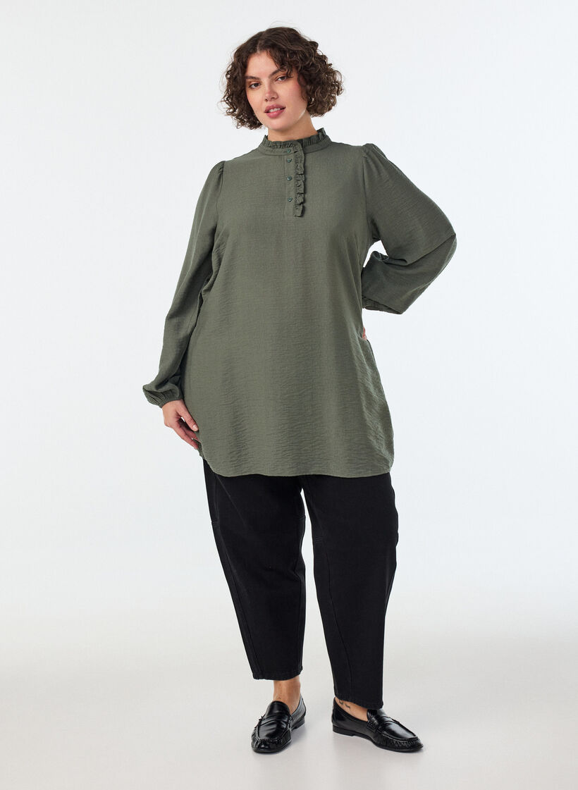 Tunique en viscose avec volants et boutons, Vert, Model image number 1