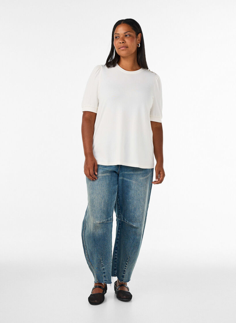 Chemisier avec d&eacute;tails boutons et manches courtes bouffantes, Beige, Model image number 1