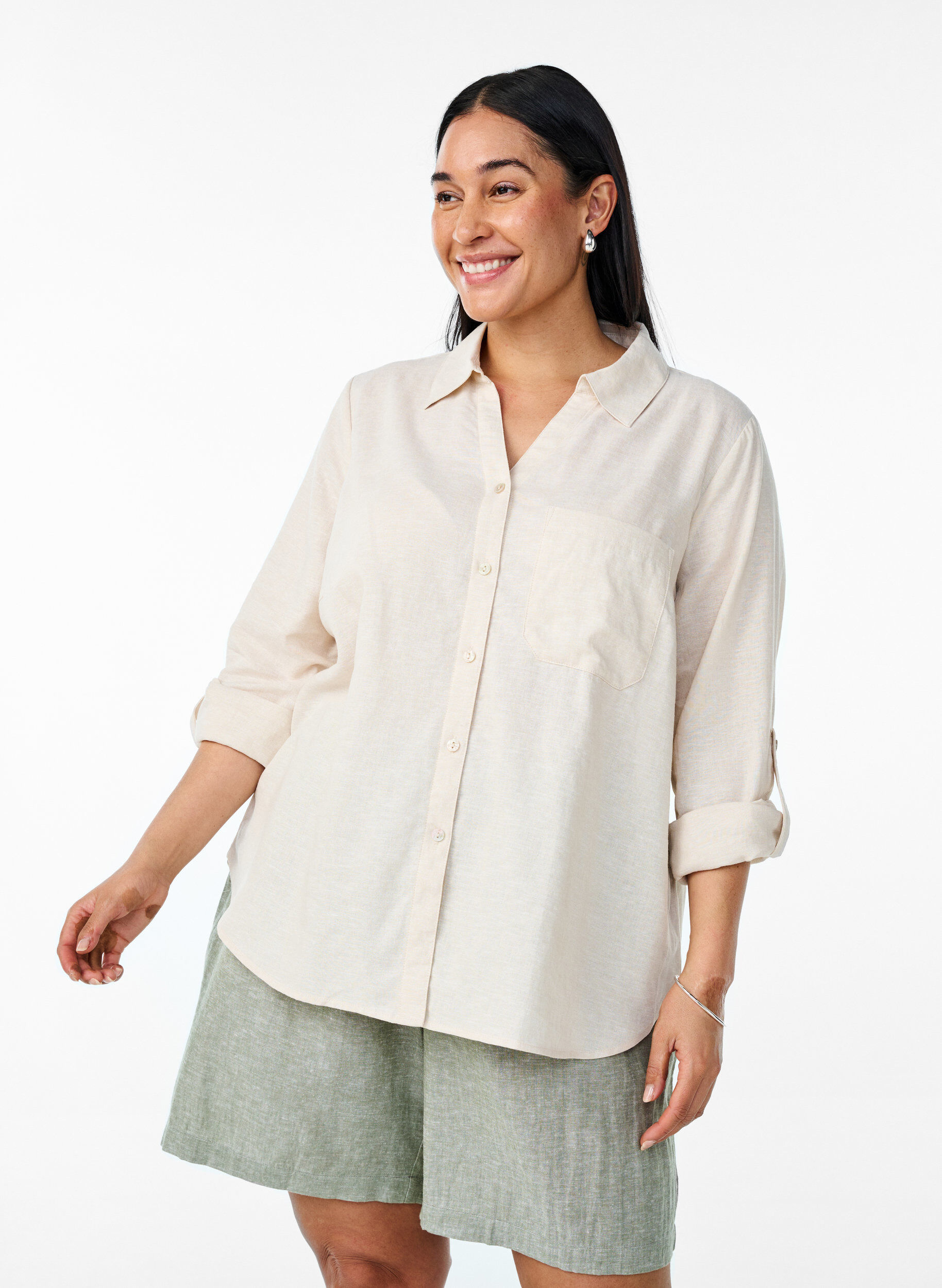 Zizzi Chemise en lin et viscose avec manches 3/4, Beige, Model image number 0