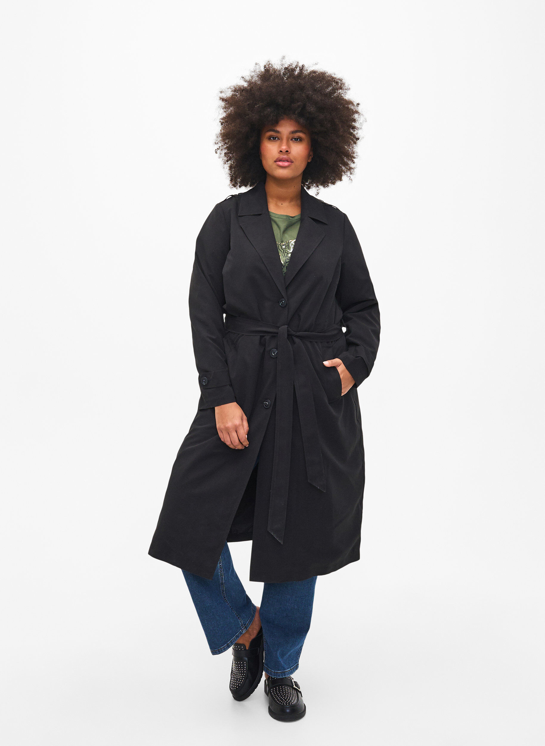 Zizzi Trench-coat long avec ceinture, Black, Model image number 0