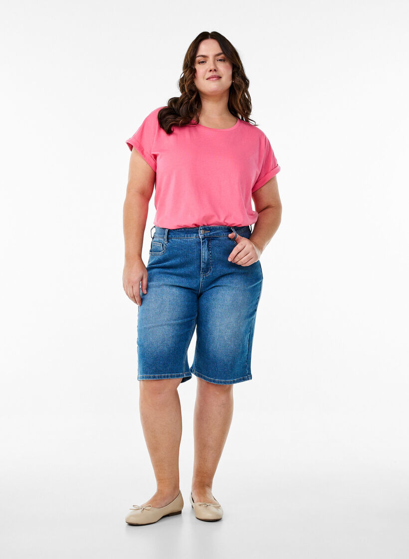 T-shirt &agrave; manches courtes en m&eacute;lange de coton, Rose, Model image number 1