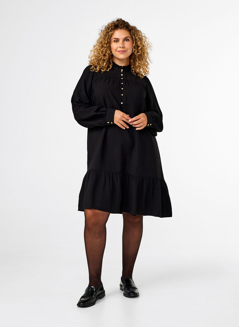 Robe courte avec col à volants, Black, Model image number 2